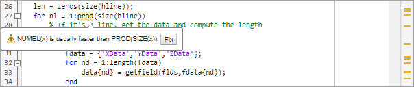 lengthofline file in the Editor showing a warning message with a fix button