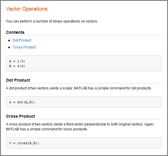 Published document with the formatted title Vector Operations, a Contents menu, and formatted subheadings for the remaining sections