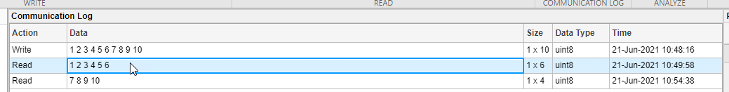 TCP/IP Explorer Communication Log pane with row selected.