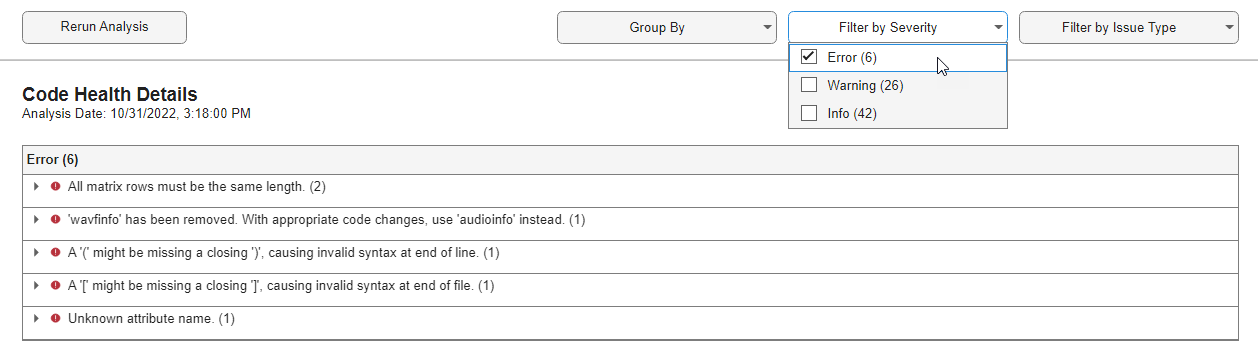 Code Analyzer report filtered by severity