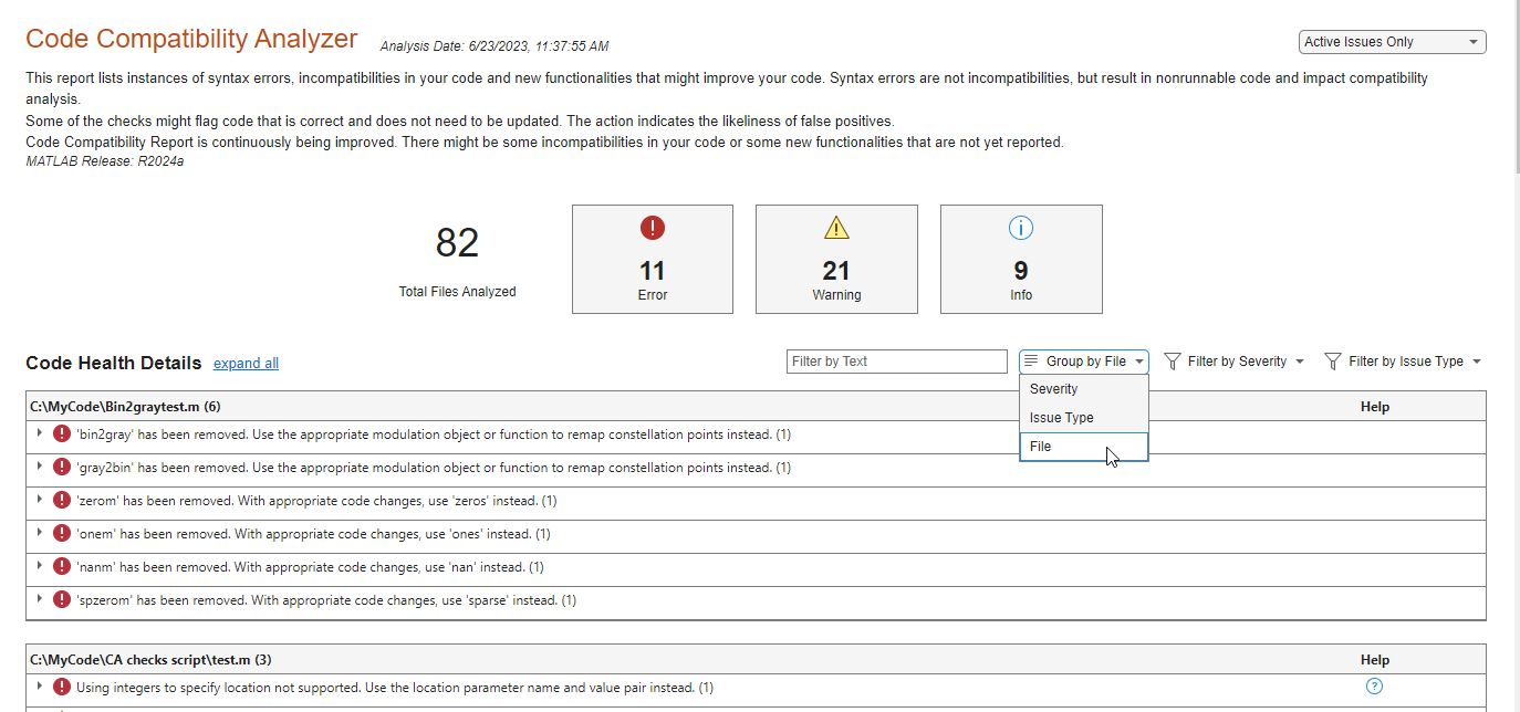 Code Compatibility Analyzer report grouped by file.