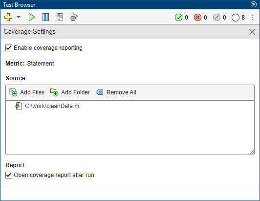 Coverage settings section, including the path to the source file