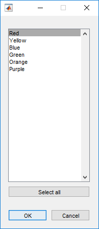 List selection dialog box. The list contains multiple color options. Below the list is a button labeled "Select all" and two buttons labeled "OK" and "Cancel".