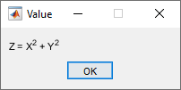 Message dialog box with the title "Value" and a formatted equation with superscripts