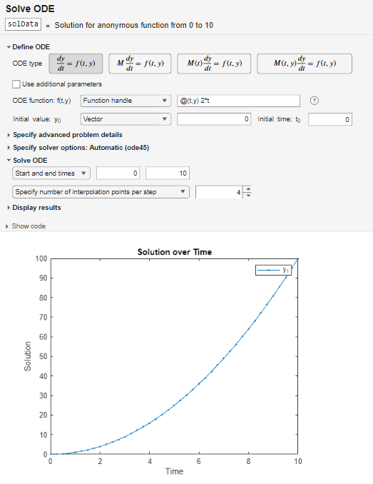 Solve ODE task in the Live Editor