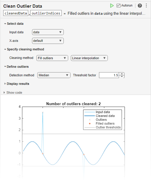 Clean Outlier Data task in the Live Editor