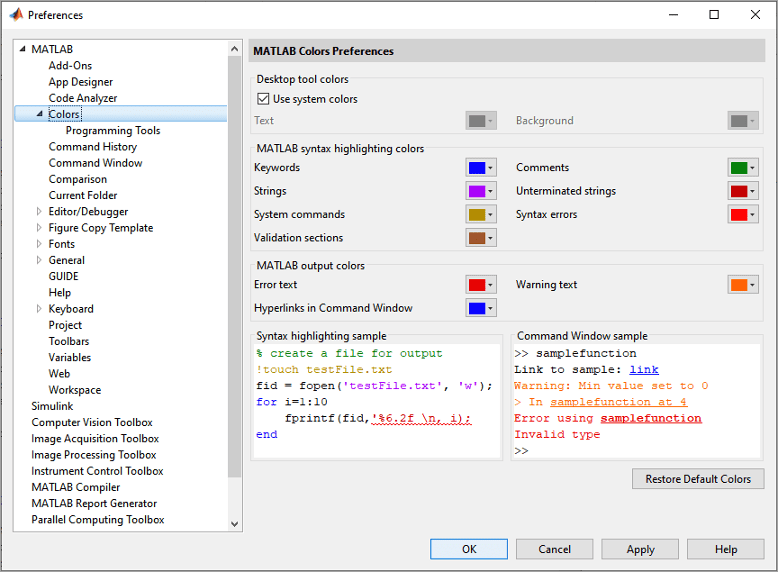 Preference window displaying the MATLAB Colors Preferences page