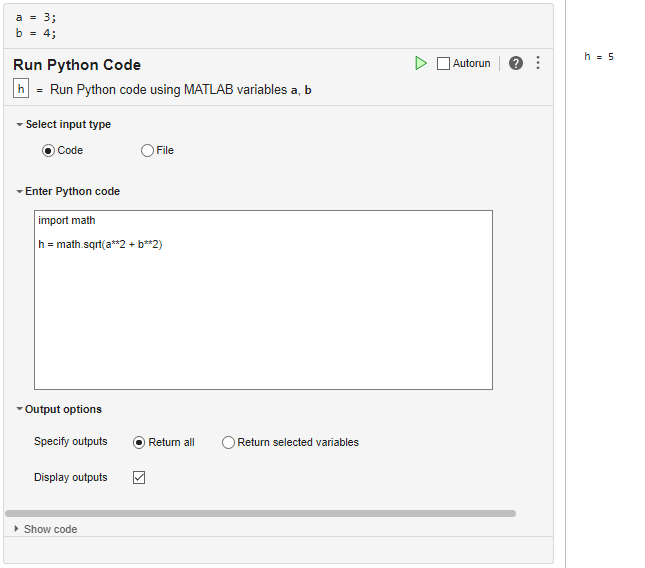 Run Python Code Live Editor task with parameters described in the example
