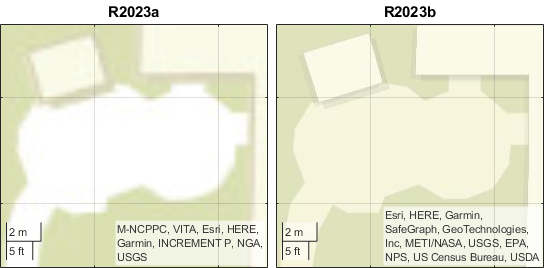 Comparison of basemaps in R2023a and R2023b. The basemap in R2023b shows crisper lines than the basemap in R2023a.