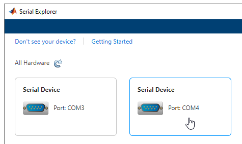 Serial Explorer app showing device selection.