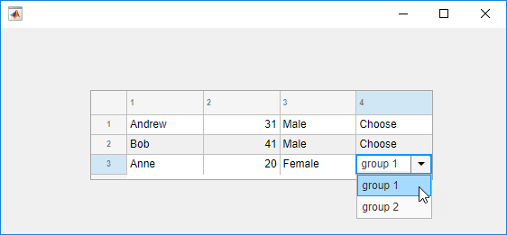 Table UI component with three rows and four columns. The fourth column contains cells with text "Choose". One cell is highlighted and displays a drop-down list with options "group 1" and "group 2".