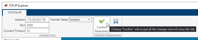 TCP/IP Explorer app with connection parameters.