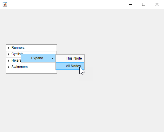 UI figure window with a tree that has four collapsed top-level nodes. Over the "Cyclists" node, a context menu with an "Expand" menu item and two submenu items, "This Node" and "All Nodes", is visible. The pointer is pointing to the "All Nodes" item.