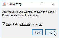 Preferences dialog box. The check box is selected, and the mouse cursor is over the "No" button.