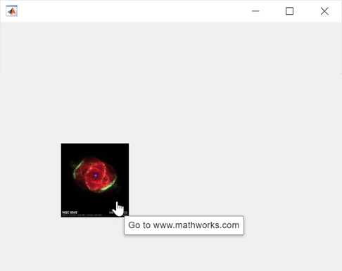 Image UI component with an image of a nebula in a UI figure window and a tooltip that reads "Go to www.mathworks.com"