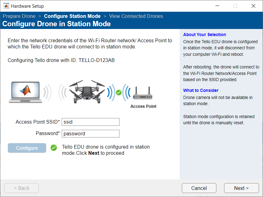 Configure Drone in Station Mode window