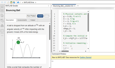 Image shows the MATLAB Online development application with the MATLAB Grader side panel on the left
