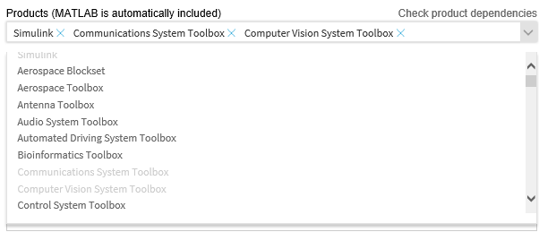 Image showing the products selected for a course; also shows all products available to select