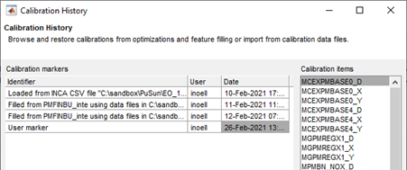 Calibration History window showing a table of calibration markers with identifier, user, and date columns on the left, and a list of calibration terms on the right.