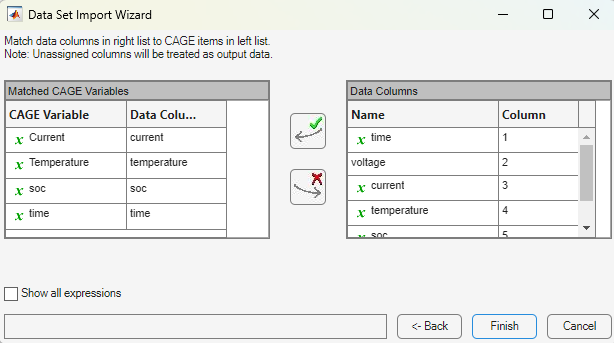 Data Set Import Wizard matching data columns.