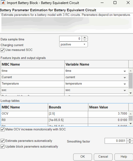 Import dialog displaying the bounds for the lookup tables and the parameters.