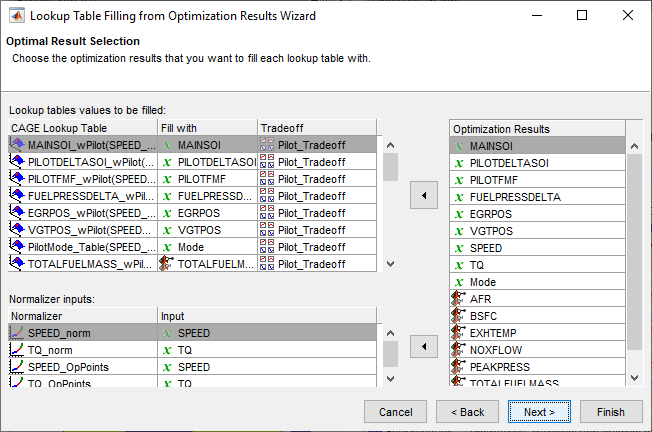 Lookup table filling from optimization results wizard with MAINSOI selected.