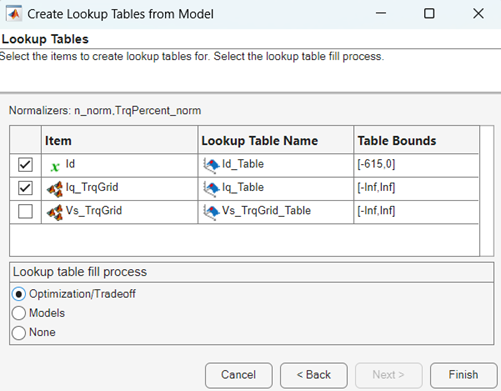 Create lookup tables from model wizard
