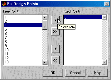 Fix Design Points dialog box with four selected from the Free Points column and a cursor hovering over the select item button.
