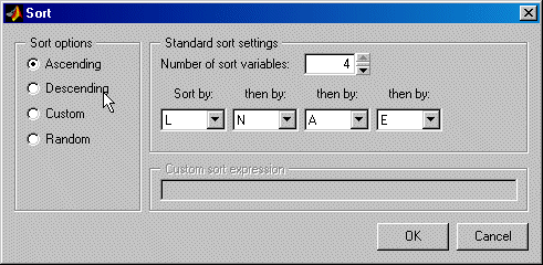 Sort dialog box with the Ascending sort option selected.
