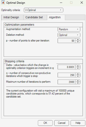 Optimal Design dialog box with V-Optimal selected as the Optimality Criteria and the algorithm tab selected.