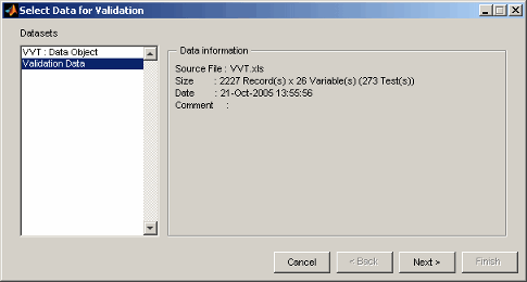 Dialog box titled ‘Select Data for Validation’ showing dataset options and details for a file named VVT.xls, including record count, variable count, test count, and date.