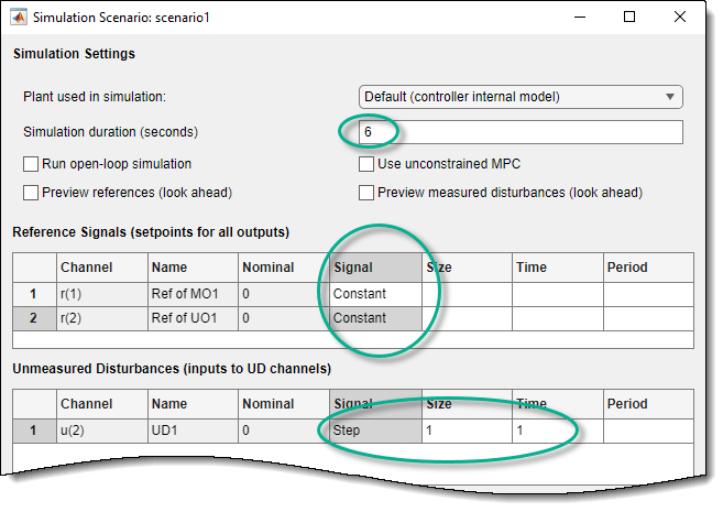 Upper section of the Simulation Scenario dialog box, showing the updated simulation time and the specified perturbation on the unmeasured disturbance input.
