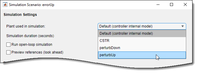 Simulation scenario dialog box. The plant "perturbUp" is selected.