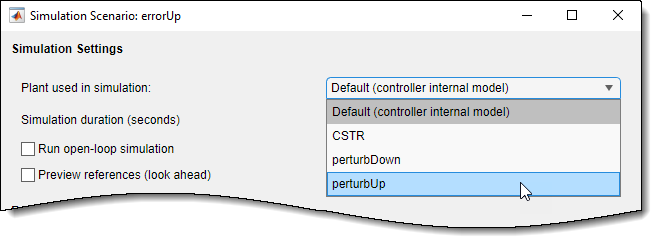 Simulation scenario dialog box. The plant "perturbUp" is selected.