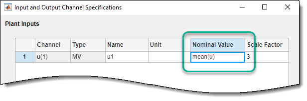 Upper part of the Input and Output Channel Specifications dialog box, showing mean(u) being typed in te Nominal Value box.