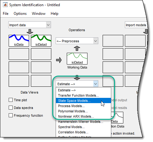 Left section of the System Identification app, showing State Space Models being selected.