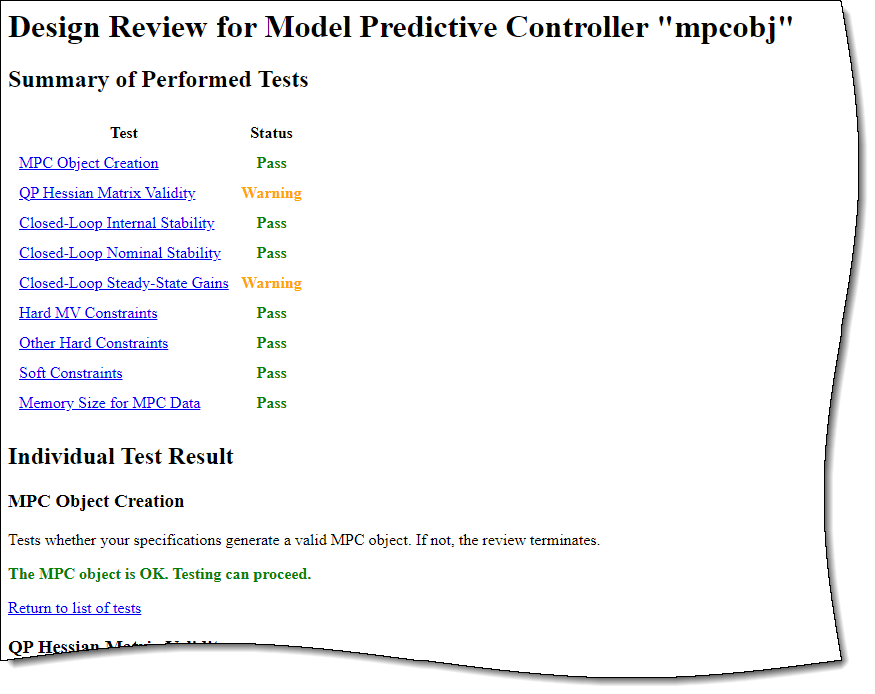 Browser window showing the Design Review for the MPC controller. All tests are passed except two of them, which produce warnings