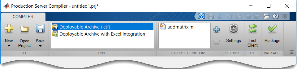 Production Server Compiler with Deployable Archive (.ctf)type selected and addmatrix.m in the exported functions section