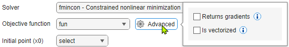 Advanced settings allow gradient and vectorized computations.