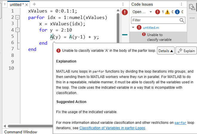 Example MATLAB Code Analyzer messages indicating that the parfor-loop can only use a step size of 1 or -1 and that parfor-loops cannot be used inside another parfor loop.
