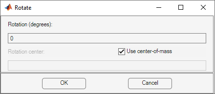 Dialog box with a field for specifying the rotation angle in degrees and with a checkbox for using the center of mass as the rotation center