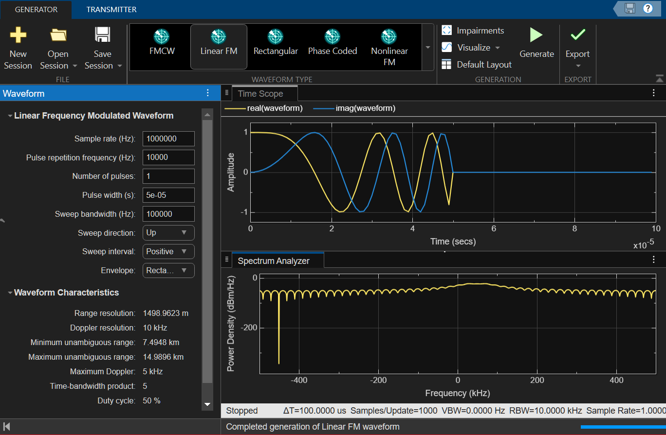 Radar waveform generator opening screen