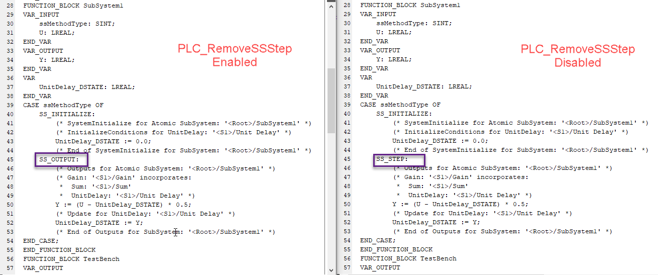 Code generated with PLC_RemoveSSStep enabled is next to code generated with PLC_RemoveSSStep disabled. Code is highlighted to show SS_STEP is not present in the code when PLC_RemoveSSStep is enabled.