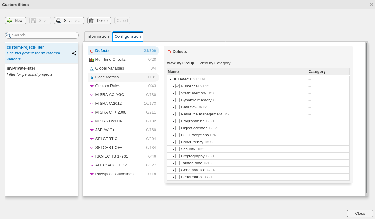 Polyspace Access custom filters configuration window