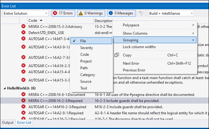 Polyspace as You Code Error List view in Visual Studio