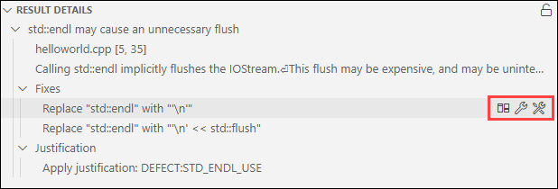 Result Details pane with two fixes and the options available.