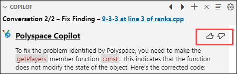 Polyspace Chat response, showing thumbs up and thumbs down buttons.