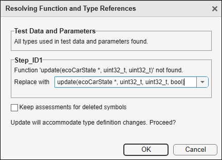 Resolving Function and Type References Dialog box. The Select function drop-down list shows a list of functions to select from.