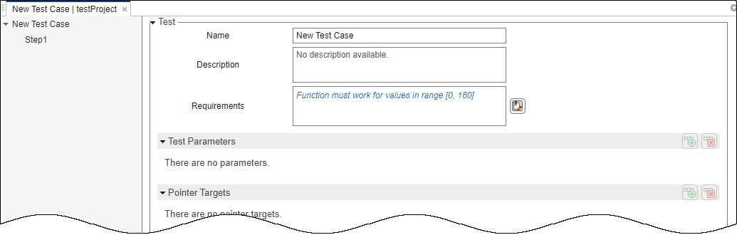 New Test Case window after adding a requirement.
