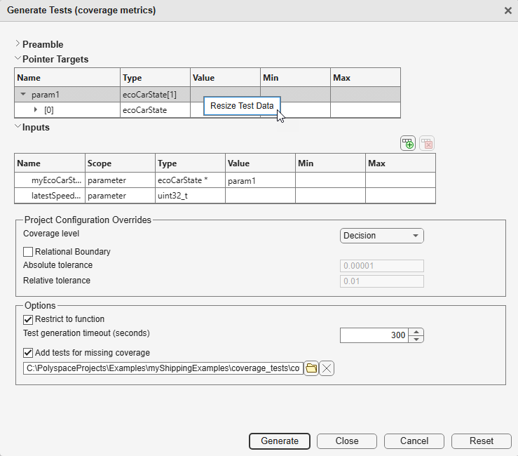 Pointer inputs by default point to a one-element pointer target. You can resize the pointer target before generating tests.